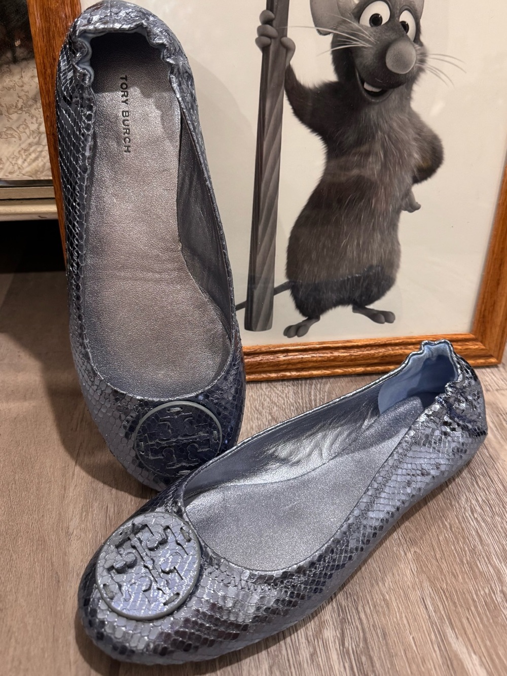 Tory Burch Metallic Silver Snakeskin Reva Ballet Flats